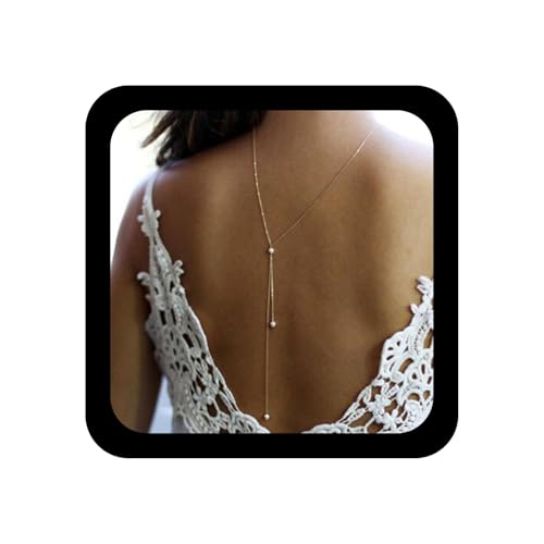Boho Pearl Back Chain Necklace Gold Layered Backdrop Necklace Body Chain Pearl Bridal Back Drop Chain Summer Beach Body Jewelry for Women Gifts (Gold) - color: Gold