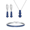Crysdue Cubic Zirconia Jewelry Set for Women Bridesmaid, Classic Round Cut Drop Lightweight Lever Back Earrings Pendant Necklace Tennis Bracelet for Wedding Prom Party - style: 3pcs Sapphire, Silver