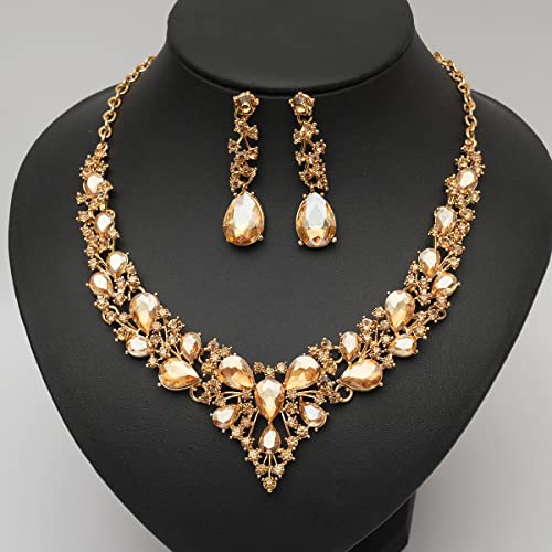 CSY 4 Pcs/Set Austrian Crystal Necklace Earrings Bracelet Ring Bridal Jewelry Sets for Brides Wedding Party Costume Accessories Gifts for Women - color: gold plated-champagne