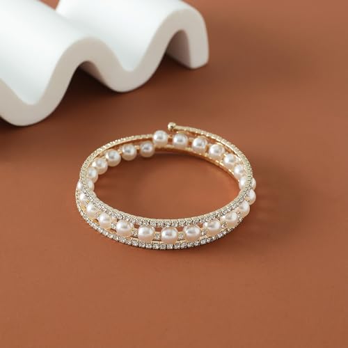 Silver Pearl Bracelet for Women Sparkly Stretch Rhinestone and Pearls Bangle Cuff Adjustable Faux Diamond CZ Bracelets Bling Wedding Costume Jewelry - color: Gold