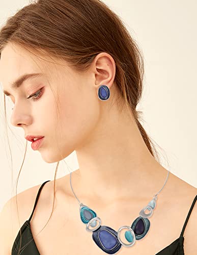 Vintage Chunky Statement Jewelry Set Retro Leaf Floral Geometric Bohemian Boho Bib Necklace Earring Set Fashion Costume Jewelry for Women Girls Wedding Party Prom Unique Gift - style: oval-blue