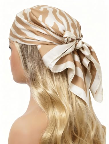CHUNG Women's Scarf Hair Bandanas Square 27.5" Satin Wrap Fashion Pattern Scarves Emulation Silk Handbag Ribbons Necktie - color: Light Khaki Zebra