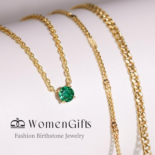 WomenGifts Layered Gold Necklaces for Women, 14K Gold Sterling Silver Plated Dainty Pendant Necklace Set Non Tarnish, Chunky Stackable Cuban Chain Choker, Trendy Birthstone Vacation Jewelry Gift - color: Gold, style: Cubic Zirconia-Created Emerald-May