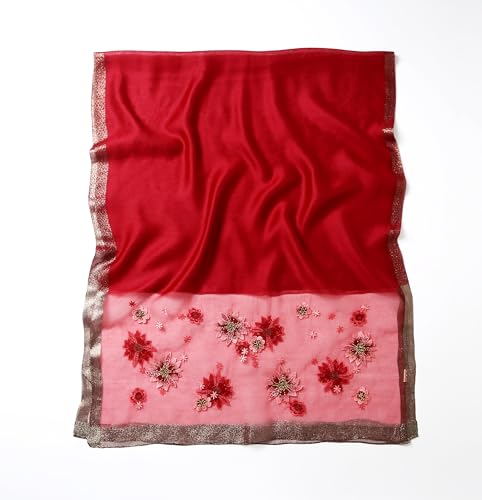 Jeelow Silk Blend Floral Fashion Scarf Shawl Wrap Lightweight Sheer For Women Floral Embroidery Wedding Party Prom - color: Red Beaded