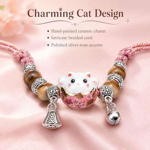 Lucky Cat Bracelet For Women, Feng Shui Good Luck Cat Jewelry with Ceramic Cat Charm, Lightweight Protection Bracelet for Daily Wear or Work,Meaningful Gift for Women Valentine's Day&Birthday
