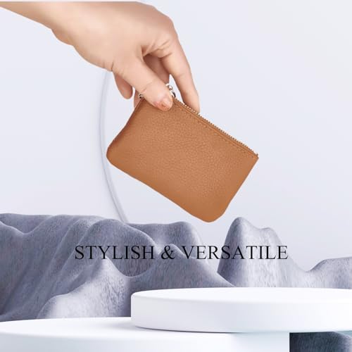 Full Grain Leather Coin Purse with Key Chain - Small Change Purse Keychain Card Holder Keychain Pouch Small Keychain Wallet for Women and Men (Brown) - color: Brown, Regular Size