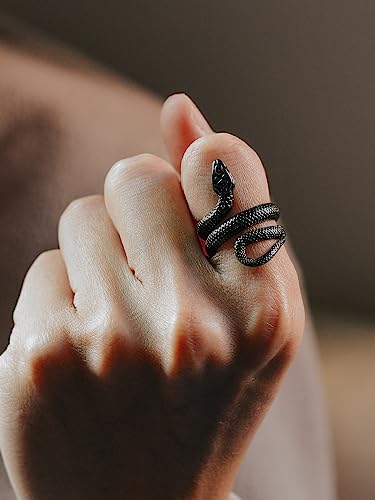 Stainless Steel/18K Gold Plated/Black Snake Ring for Men Women Size 7-12 Serpent Reptile Rings Punk Gothic Jewelry(with Gift Box) - color: 03-Black Plated