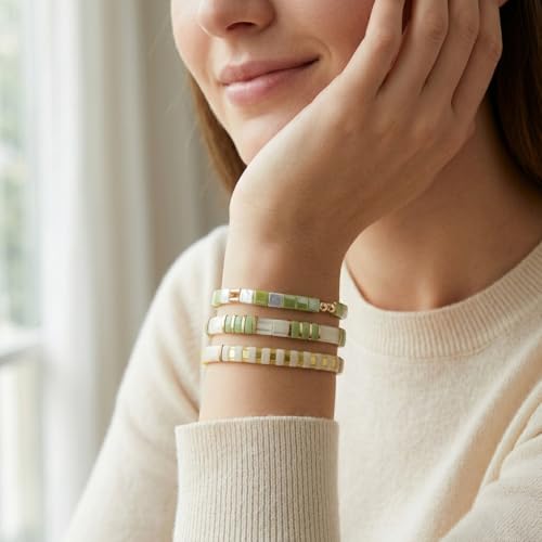 Tila Flat Square Stack Beaded Bracelets Set for Women Men, Boho 3Pcs Romantic Handmade Healing Gold Colorful Stretch Accessories Jewelry, Daily Vacation Party Holiday Friendship Gift - color: Mint Lemon White
