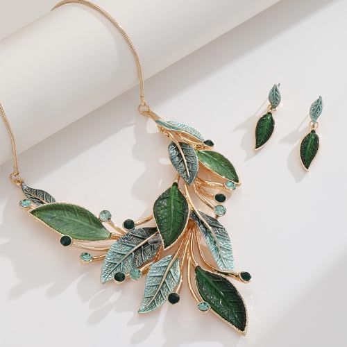 Vintage Chunky Statement Jewelry Set Retro Leaf Floral Geometric Bohemian Boho Bib Necklace Earring Set Fashion Costume Jewelry for Women Girls Wedding Party Prom Unique Gift - style: spring leaf-green gold