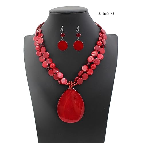 Big Teardrop Pendant Necklaces for Women Colorful Beaded Necklaces Statement Set for Holiday. - color: Red