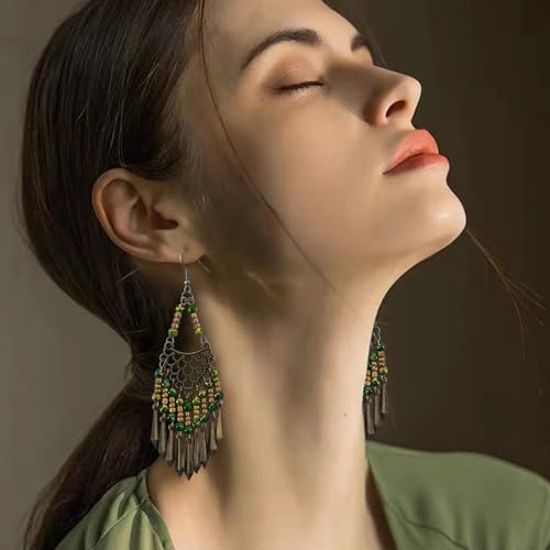 Handmade Vintage Bronze Bohemian Long Tassel Colorful Bead Dangle Drop Earrings Big Tribal Chandelier Geometry Hook Earrings for Women Statement Jewelry Gifts - color: Green