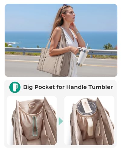 BAGSMART Boxy Tote Bag for Women, Crossbody Bag with Zipper, Crush Bow Purses for Travel Work College - color: Tan, size: Large