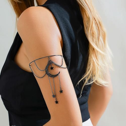 Dainty Black Upper Arm Cuff Bracelet for Women, Gothic Halloween Sexy Lace Harness Armlet Adjustable Upper Arm Chain Bangle Arm Band for Women - color: Moon