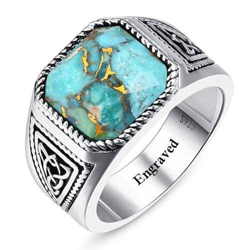 7ct Vintage Teal Turquoise|Emerald|Black Onyx Ring for Men 925 Sterling Silver Men Rings 11mm Square-Cut Mens Cocktail Rings Celtic Pattern Band for Dad Father Size 7-12 - color: Y-Customizable Name-Irish Celtic Knot-Genuine Teal Turquoise