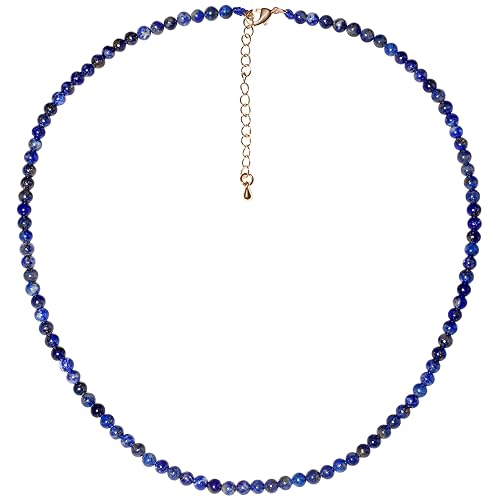 Simple Choker Necklace for Women Real Stone and Crystals Necklaces 4mm Beaded Choker Jewelry Meditation Gift for Women (16"+2") - style: Lapis Lazuli
