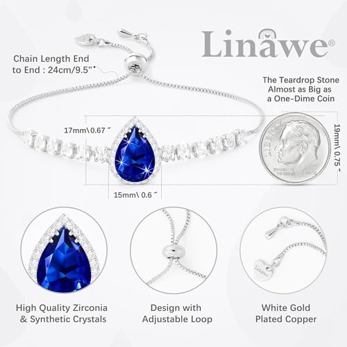 Linawe Crystal Imitation Diamond Rhinestone Charm Bracelets for Women, Gold/Silver/Rose Gold Adjustable Chain Bracelet, Teardrop Birthstone Cubic Zirconia Prom Costume Wedding Jewelry - color: Silver,Sep