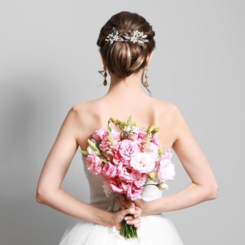 4 PCS Flower Hair Piece Bride Wedding Pearl Hair Pins Wedding U-shape Hairpins Hair Jewelry for Braids Accessories Silver Hair Accessories for Bride Women Girls Bridesmaids (Silver)