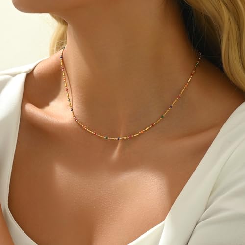 NONAMOIS Gold Chain Necklace for Women Dainty 18K Gold Plated Thin Satellite Beaded Turquoise Necklace Simple Layered Boho Jewelry Christmas Gifts - color: Colorful Chain-Gold