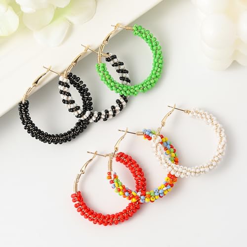 Jinxiuge 6 Pair Beaded Hoop Earrings Boho Flower Round Earrings Women's Handmade Earrings Set - style: Style-D