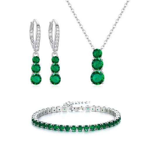 Crysdue Cubic Zirconia Jewelry Set for Women Bridesmaid, Classic Round Cut Drop Lightweight Lever Back Earrings Pendant Necklace Tennis Bracelet for Wedding Prom Party - style: 3pcs Green, Silver