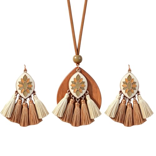 Wooden Leather Necklaces Set Bohemian Wood Stack Discs Long Chain Hemp Rope Bronze Plated Pendant Ethnic Tribal Fall Leaf Earrings Jewelry Statement Necklace - color: R-049