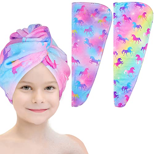 Basumee Microfiber Hair Towel Wrap for Kids 2 Pack Rapid Drying Hair Towel with Button Hair Turbans for Wet Hair Wraps Head Towel Wrap for Women and Girls, Rainbow Unicorn - color: Rainbow Unicorn