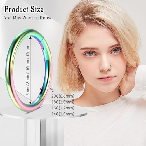 WBRWP 316L Stainless-Steel Piercing-Ring Hinged Nose-Rings-Hoop : 20G 18G 16G 14G Womens Body Pierecing Ring Segment Clicker Lip Rings Helix Cartilage Rook Earrings Diameter 6mm 8mm 10mm 12mm - color: 8pc set in rainbow color(each dia. 2 pc)