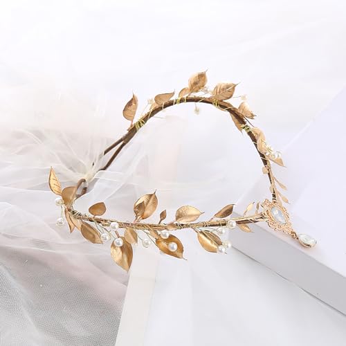 Vivivalue Golden Fairy Crown Flower Headband Elf Floral Headpiece Hair Wreath Woodland Forest Even Circlet for Women Halloween Renaissance Wedding Bridal Cosplay Prom Photo - color: golden