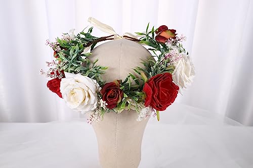 Vivivalue Bridal Flower Crown Rose Flower Headband Hair Wreath Floral Headpiece Halo Boho with Ribbon Wedding Party Festival Photos - color: C