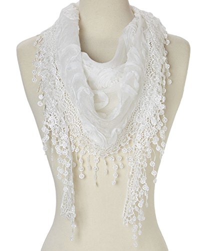 Cindy & Wendy Floral Embroidered Lace Triangle Scarf for Women - color: White
