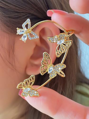 2Pcs Rhinestone Butterfly Earrings Ear Cuffs Non-Pierced Fake Earrings Butterfly Climber Wrap Around Earring Dainty Adjustable Ear Clip Jewelry for Women - color: Style7-gold