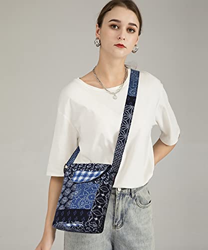 OPQRSTU Women's Retro Small Size Canvas Shoulder Bag Hippie Boho Crossbody Handbag - color: Blue Square