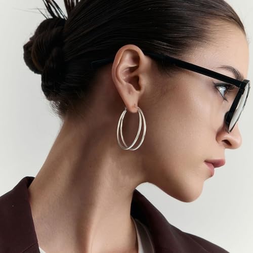 OOOPEL Large Thin Double Hoop Earrings for Women Lightweight Hypoallergenic 925 Sterling Silver Post 14K Gold Hoops Non Tarnish Sturdy Big Thin Double Layered Hoop Earrings 30/40/50/60mm - color: Silver, size: 40mm