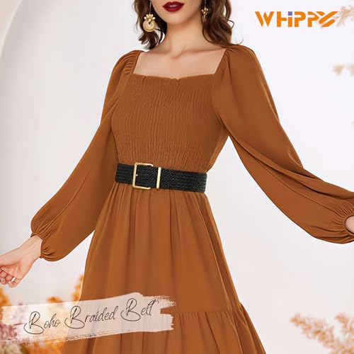 WHIPPY Women Wide Woven Belt Fashion Boho Rattan Braided Belt with Gold Buckle Raffia Straw Woven Waistband for Dresses - color: Black, size: Fit Waist Size 35"-39"