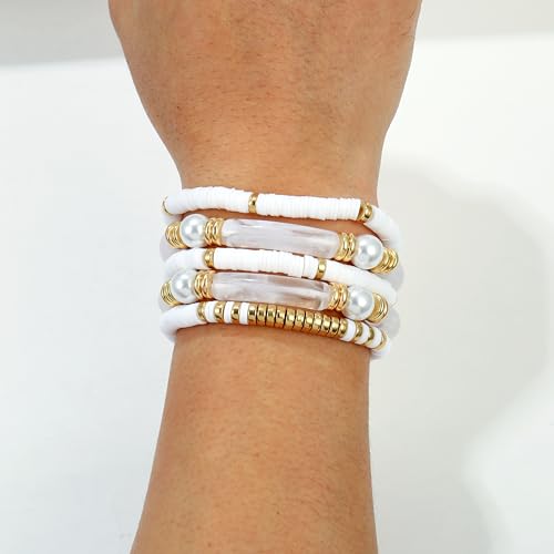 Elegance 11 designs colorful bracelets for women Surfer Thick Tube Heishi Summer Beach Beaded Stackable Boho Stretch Bracelets - color: Elegant White