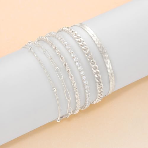 DEARMAY 14K Gold Plated Ankle Bracelets for Women Waterproof - Dainty 6Pcs Anklets Layered Cuban Link Chain Herringbone Cute Anklets Set Pack Summer Beach Jewelry Gift for Women Teen - color: Silver Anklet A