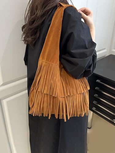 Faux Suede Tassel Shoulder Bag for Women, Vintage Minimalist Large Capacity Crossbody Bag with Retro Fringe Detail