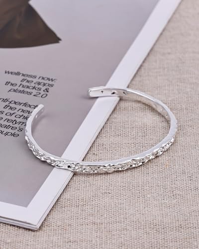 Silver Hammered Texture Cuff Bracelet for Women - Adjustable Silver Bangle, Boho Chic Jewelry