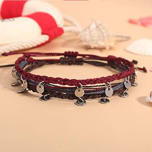 FANCY SHINY String Ankle Bracelets Waterproof Rope Anklets Braided Beach Boho Coin Anklets Cute Friendship Foot Jewelry for Women - style: Wine/Brown