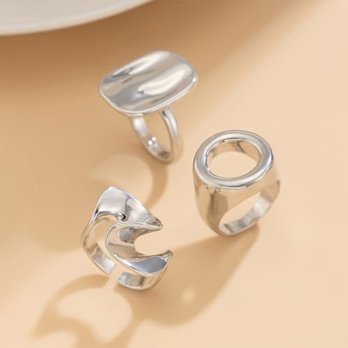 Chunky Vintage Gold Statement Dome Rings Set for Women Dainty 14K Gold Geometric Circle Hollow Knuckle Finger Ring Punk Silver Textured Midi Jewelry - color: Silver
