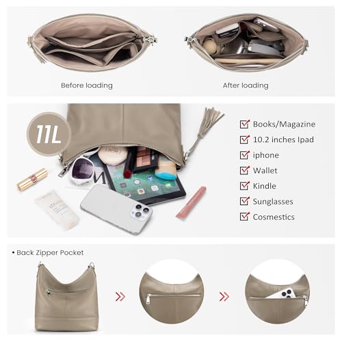 Genuine Leather Hobo Crossbody Bag for Women, Soft Real Leather Bucket, Shoulder Handbag Purse with 2 Removable Strap - color: Taupe-grey