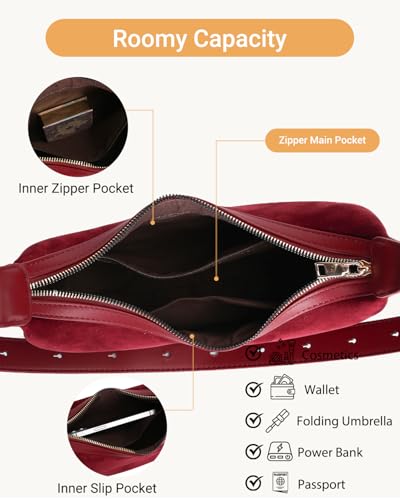 Herald Suede Crossbody Bag for Women, Vintage Hobo Handbag Crescent Shoulder Purses with Adjustable Strap Winter Fall - color: Red