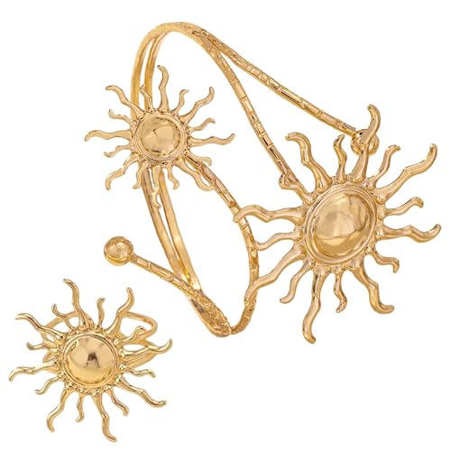 Gold Arm Cuff with Ring, 2 Pcs Open Upper Arm Bracelet and Ring with Rhinestones, Adjustable Metal Armband Jewelry Set - color: Sun