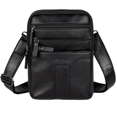 Leather Messenger Bag for Men, Small Leather Sling Shoulder Bag Messenger Pack for Men, Man Purse - color: Black