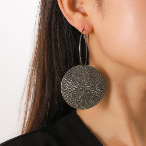 Boho Large Hoop Earrings for Women Oversized Chunky Coin Dangle Earring Hammered Big Disc Loop Earrings Trendy Party Jewelry Accessories Gifts - color: Silver