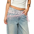 Women's Floral Lace Triangle Hip Scarf Head Kerchief Tie Waist Belt Sheer Hip Wrap Boho Head Scarf Hair Accessory - color: Z1-pink