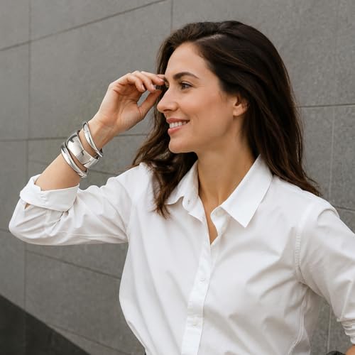Chunky Gold Bangle Bracelets for Women Trendy 14K Gold Plated Cuff Bracelets Stack, Dainty Gold Bracelet Sets Non Tarnish Fashion Jewelry Gift - style: Silver-3pc-010