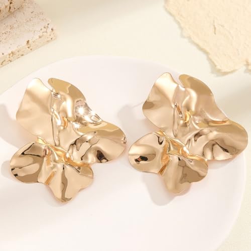 Statement Chunky Gold Large Silver Earrings for Women Trendy, Big Irregular Geometric Dainty Liquid Metal Stud Earrings Simple Prom Party Jewelry Gift - color: Gold -Large