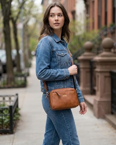 Alldaily Small Triple Zip Crossbody Purse for Women, Vegan Leather Phone Bag with Wide Shoulder Strap - color: Brown