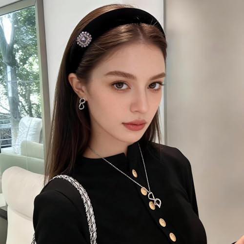 3 Pack Black Velvet Headbands for Women, Rhinestone Jeweled Thick Padded Hairbands & Thin Braided Crystal Hair Hoop, Vintage Baroque Sparkly Hair Accessories for Wedding Party - color: Velvet Crystal